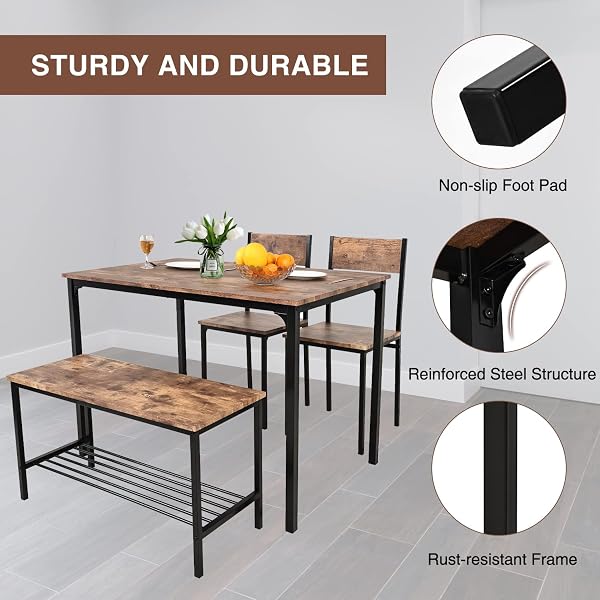PULUOMIS Dining Table and 2 Chairs with Bench, Dining Table and Chairs Set 4 Piece Dining Room Set, Chair and Bench Set for Restaurant Kitchen Home Bistro Garden, Brown - 5
