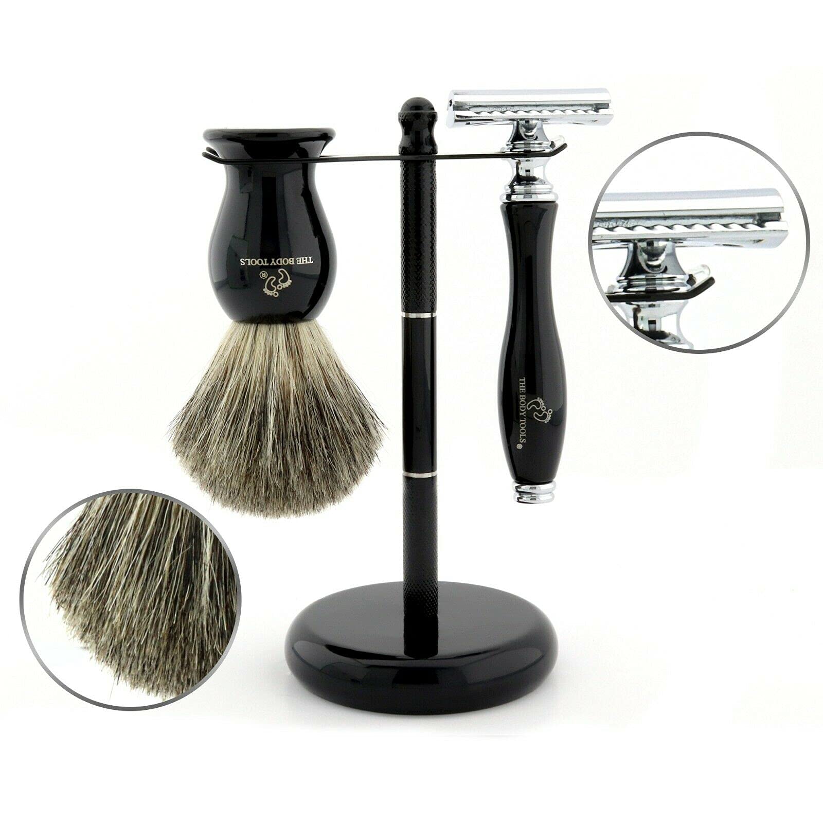Kit de rasage pour homme avec rasoir de sécurité et blaireau en poils de blaireau humides pour mousse de rasage