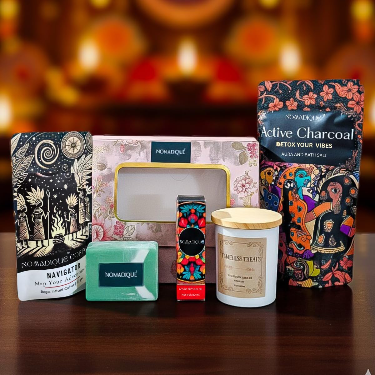 Luxury Relaxation Gift Hamper Set with Instant Coffee Powder, Bath Salt, Soap, Soy Wax Candle, Aroma Diffuser Oil | Diwali Gift Pack for Family, Friends, Corporate Office Gifts Combo | Deepawali Celebration Pack | Diwali Gifts | Festive Celebrations Hamper-image-34