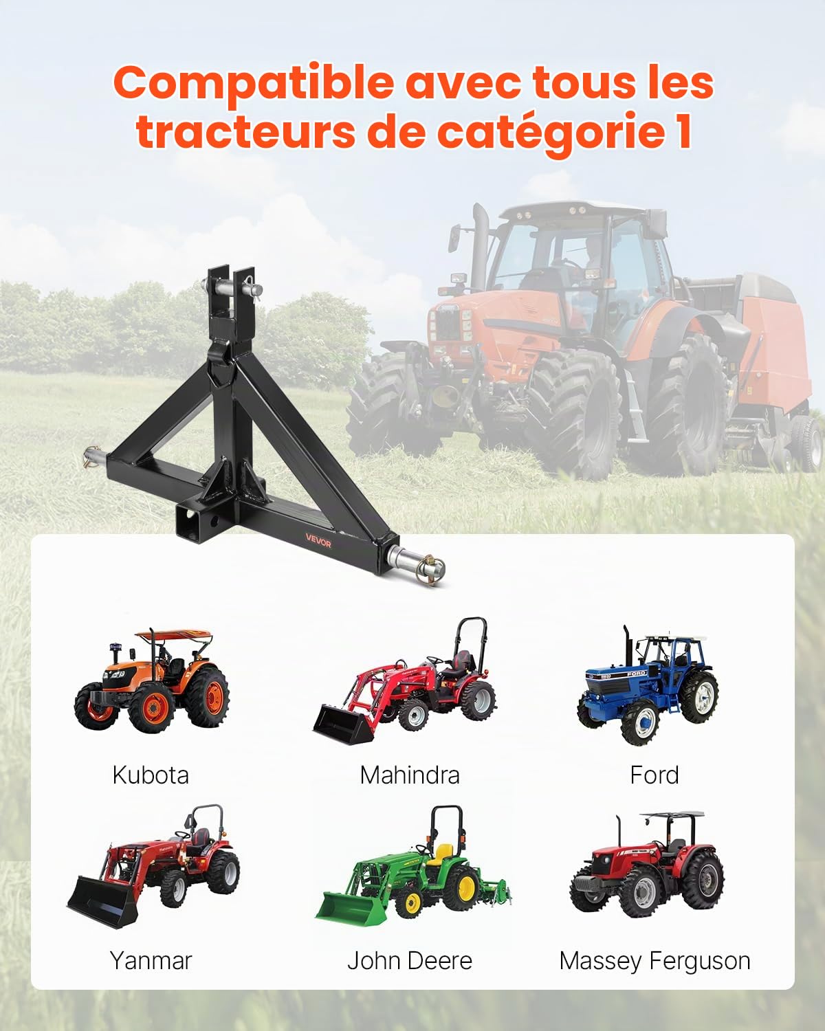 VEVOR Attelage 3 Points avec Récepteur 5 cm, Fixation Rapide 3 Points, Capacité 1360 kg, Adaptateur Barre de Remorquage Robuste pour Effectuer Travaux Agricoles pour Plupart Tracteurs à Attelage 5 cm