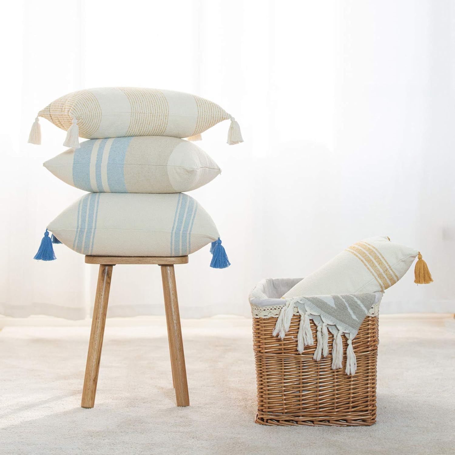 Hofdeco Beach Coastal Decorative Pillow Cover ONLY for Couch, Sofa, or Bed, Light Blue Tan Taupe Color Blocked Stripe, 18"x18" - Image 5