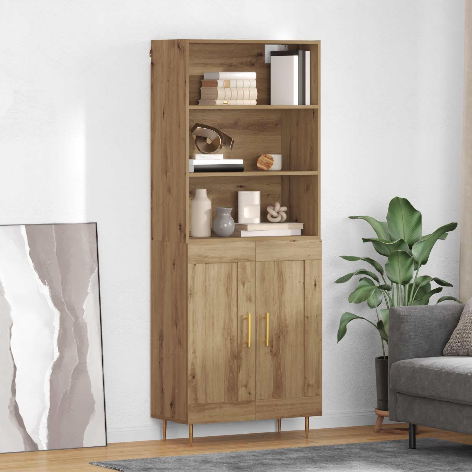 Meuble haut élégant en chêne Artisan avec support mural en bois durable - Armoire de rangement au design moderne avec pieds en métal pour beaucoup d'espace de rangement dans le salon