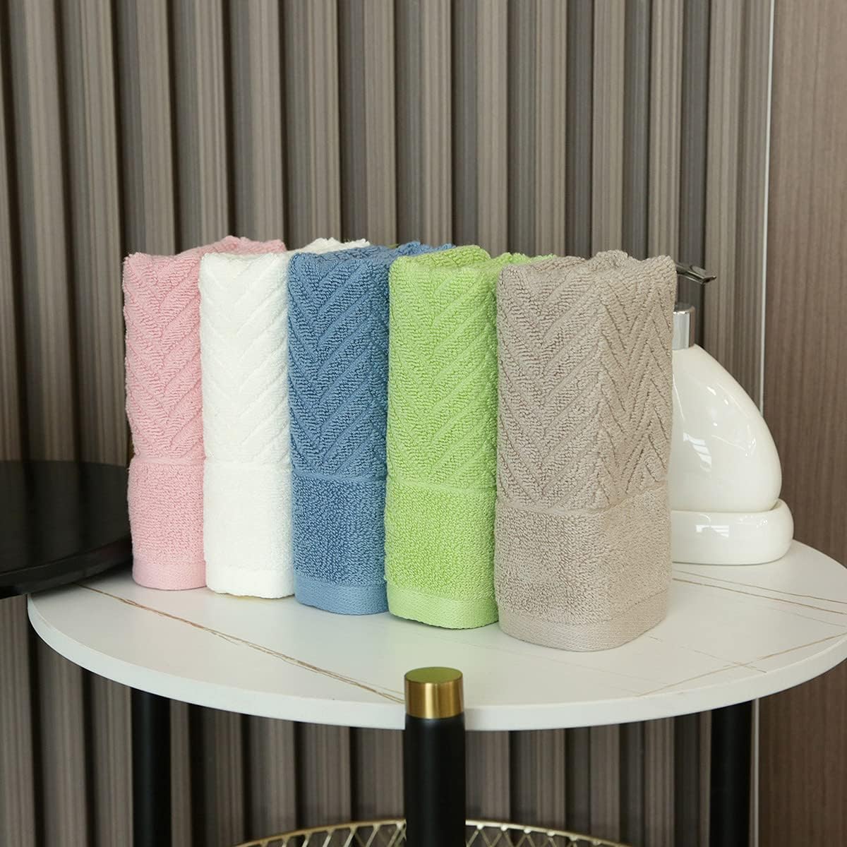 YiLUOMO Beige Hand Towel Set of 2 100% Cotton Ultra Soft Highly Absorbent Terry Striped Hand Towel for Bathroom (13" X 29") - Image 3