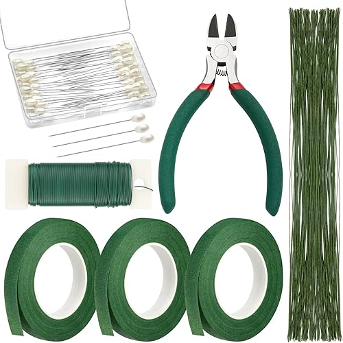 PAXCOO Kit de arreglos florales con cinta verde y alambre, pasador de flor de Boutonniere, cortador de alambre para suministros de fabricación de