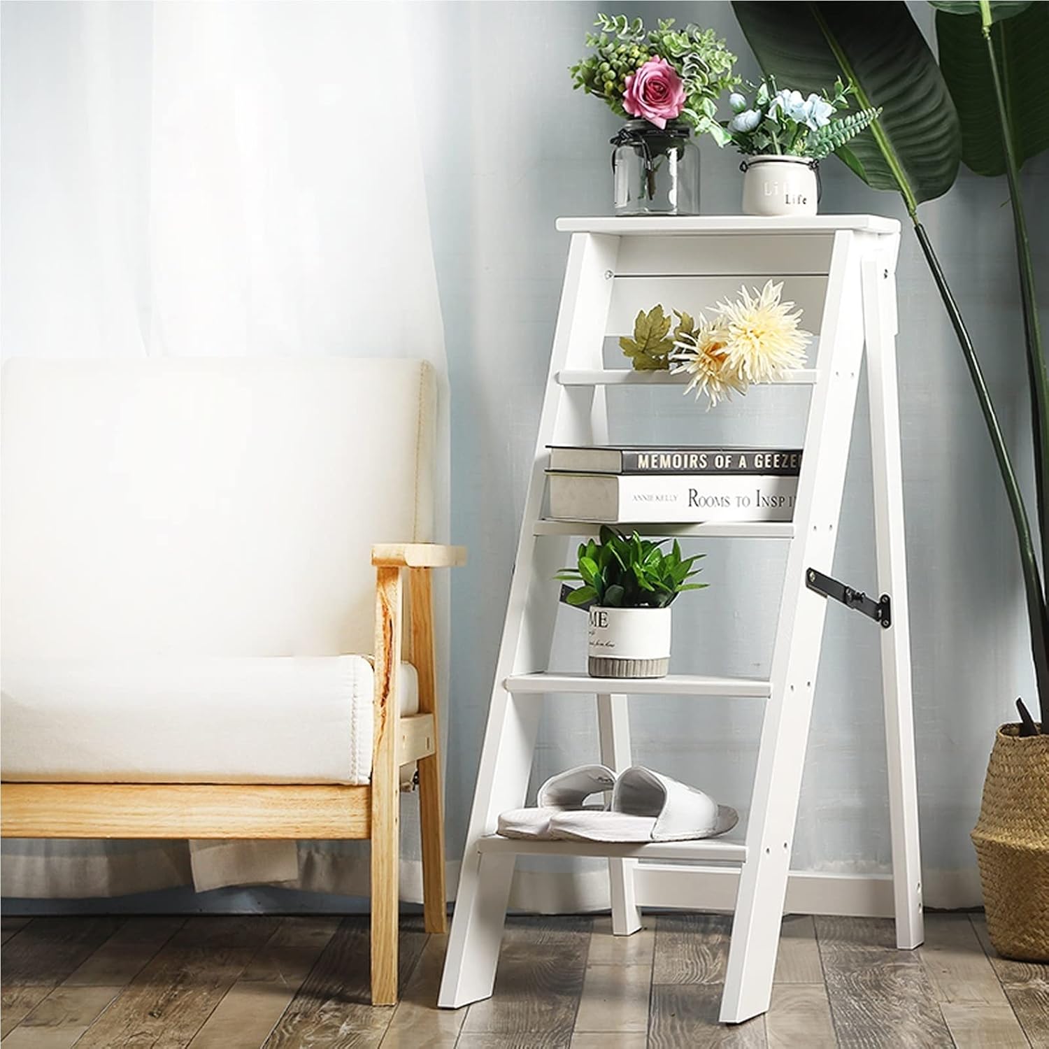 White Wood Folding Ladder Chair Rack Multifunction Bookshelf Plant Stand Household Step Ladder Stools for Kitchen Office Library