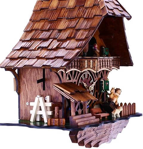 Miniatura 2 de Reloj de pared mecánico musical de 13 pulgadas de la Selva Negra de Cuco, rueda acuática y chica en caballo mecedora, color marrón