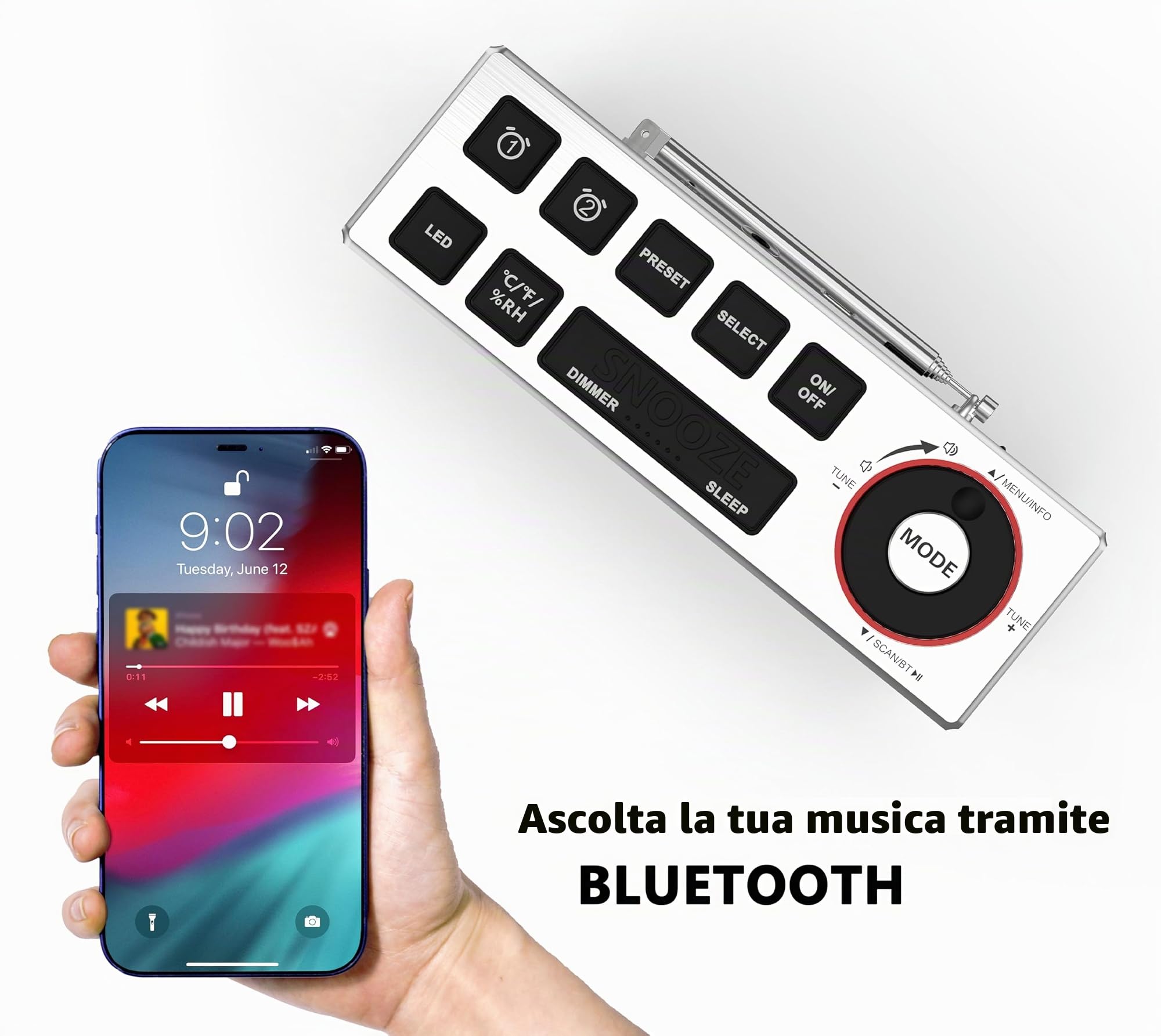 DAB+ & FM Radiosveglia con Bluetooth, 40 preset auricolari, doppia sveglia con sonno e timer sonno, due porte di ricarica, dimmerabile, indicatore di temperatura, sveglia LED 508D