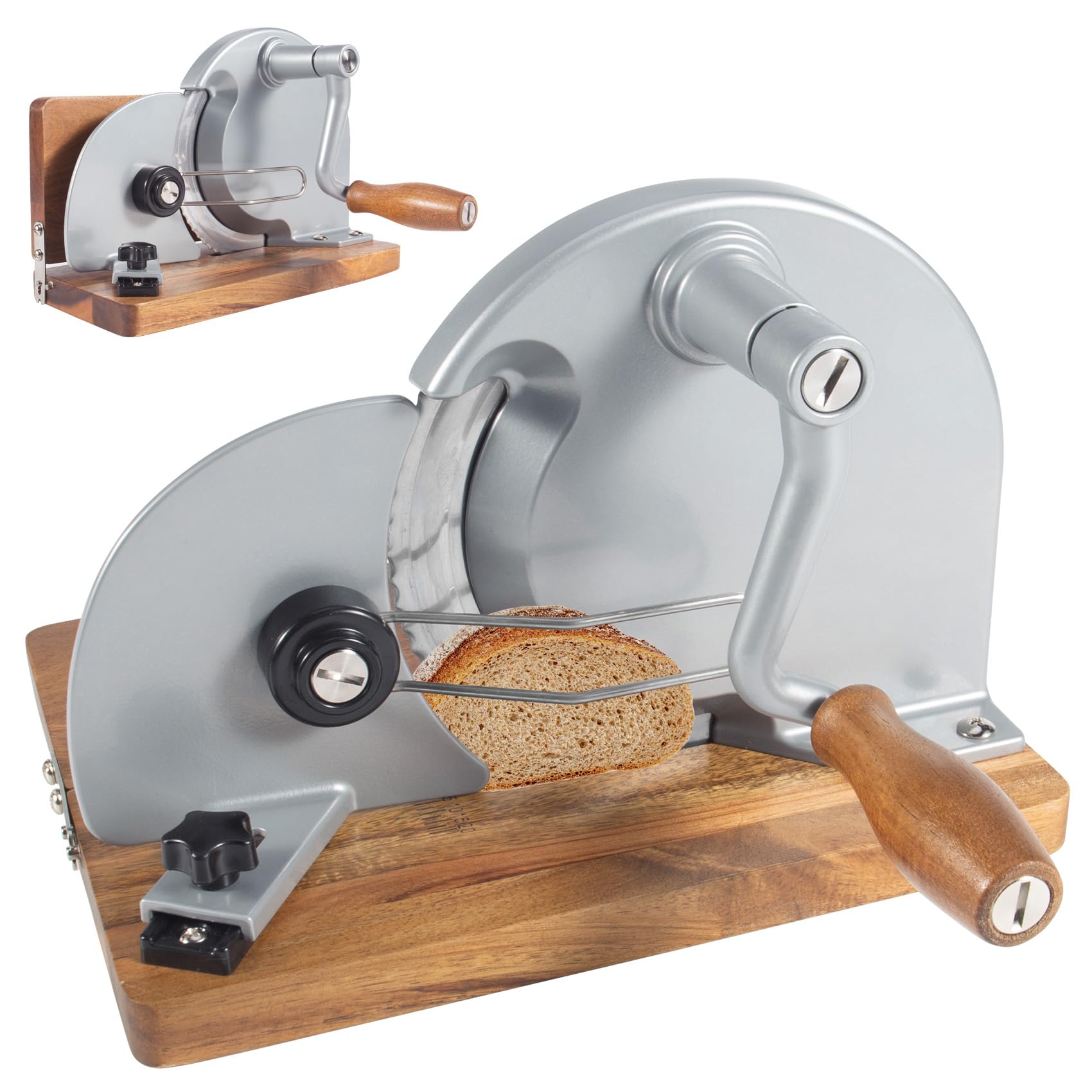 Foldable Sourdough Bread Slicer Adjustable Thickness, Manual Bread Slicer, Add Metal Rails, Hand Crank Bread Cutter Machine with Scale Line and Suction Cup, Stainless Steel Blade (Grey)