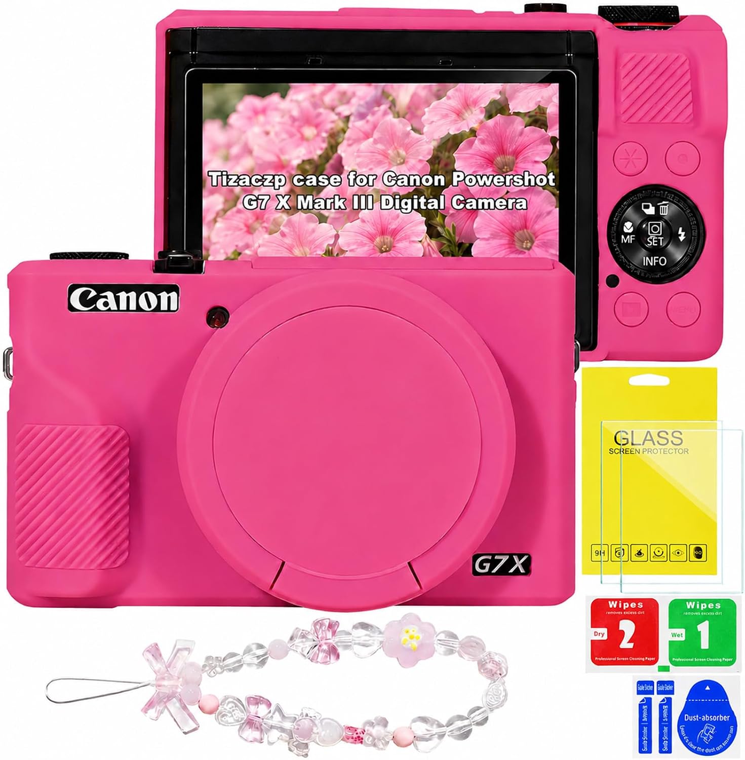 Silicone Camera Case for Canon G7X Mark III with Removable Lens Cover,BraceletWrist Strap,2 Tempered Glass Screen Protectors,Protective Travel,DailyPhotography Camera Accessories (RoseRed)