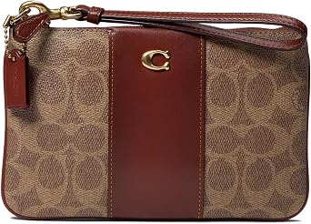 COACH Signature Small Wristlet Tan Rust Color Block Coated Canvas One Size
