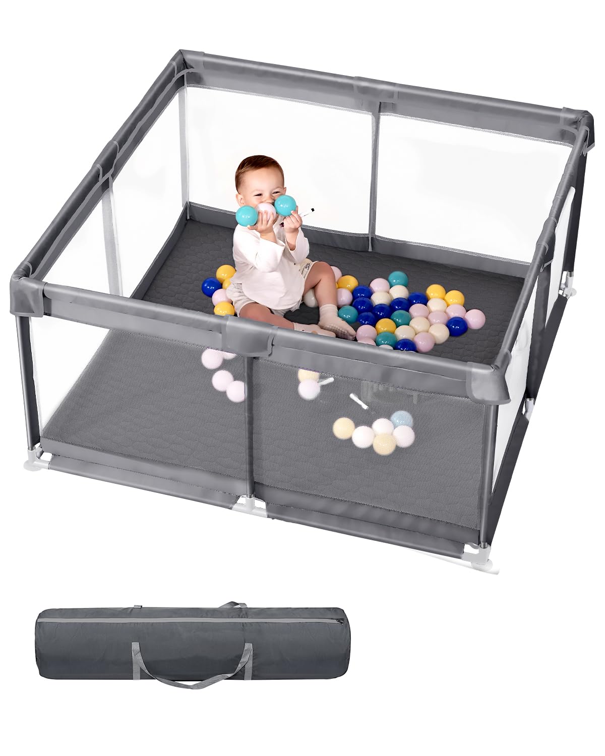 Box per bambini con tappetino morbido, extra large, area giochi sicura per interni ed esterni, con base antiscivolo, facile da montare e riporre, senza BPA (130 x 130 x 66 cm, grigio)