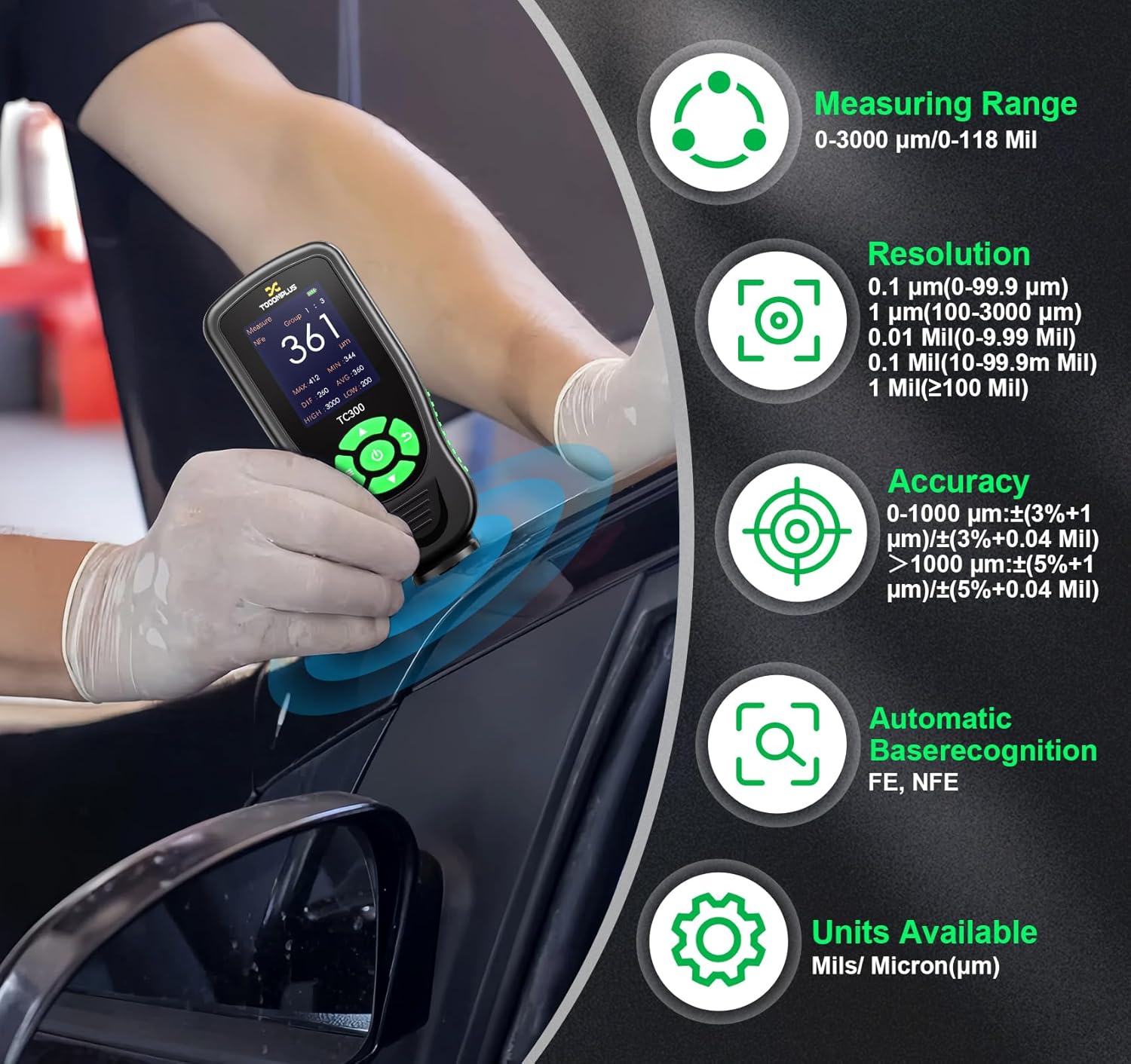 Paint Thickness Gauge for Used Car Buyers, 3000μm Ultra-Range Digital Paint Depth Gauge with 0.01mil High Resolution & Alarm, Automotive Car Paint Detector (F/NF Measurement)