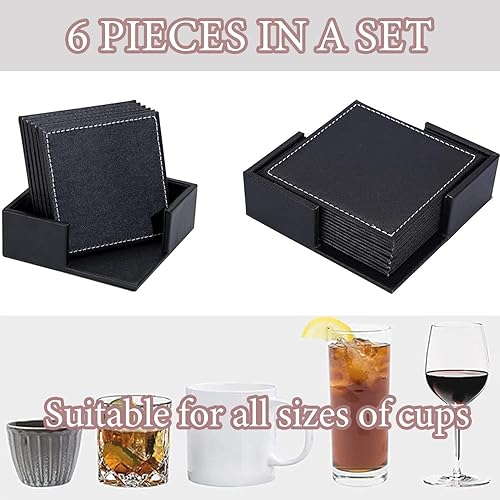 Miniatura 6 de Juego de 6 posavasos personalizados, posavasos de cuero personalizados para bebidas con soporte, nombre personalizado, foto, logotipo para mesa de