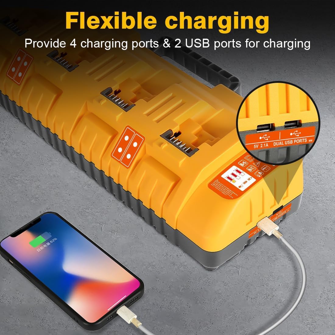 DCB104 Cargador de batería de 20 V MAX de repuesto para cargador de batería, estación de cargador múltiple de 4 puertos con 2 puertos USB, compatible con baterías Dewalt de 12 V-20 V