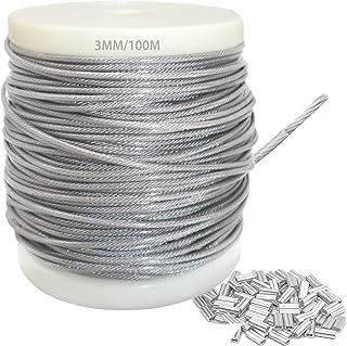Cable de alambre de acero inoxidable 304 de 3 mm de longitud de 100 m de longitud 7 x 7 sección transversal de 517 kg de carga de rotura de cable de acero inoxidable con 100 abrazaderas de prensado de