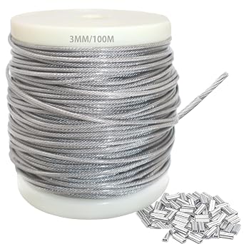 3mm 304 Wire Rope Stainless Steel Wire Cable 100m Length 7x7 Cross Section 517kg Breaking Load stainless steel cable with 100 Pcs Aluminum Crimping Clamps Loop Sleeve Diameter 3mm Length 100m