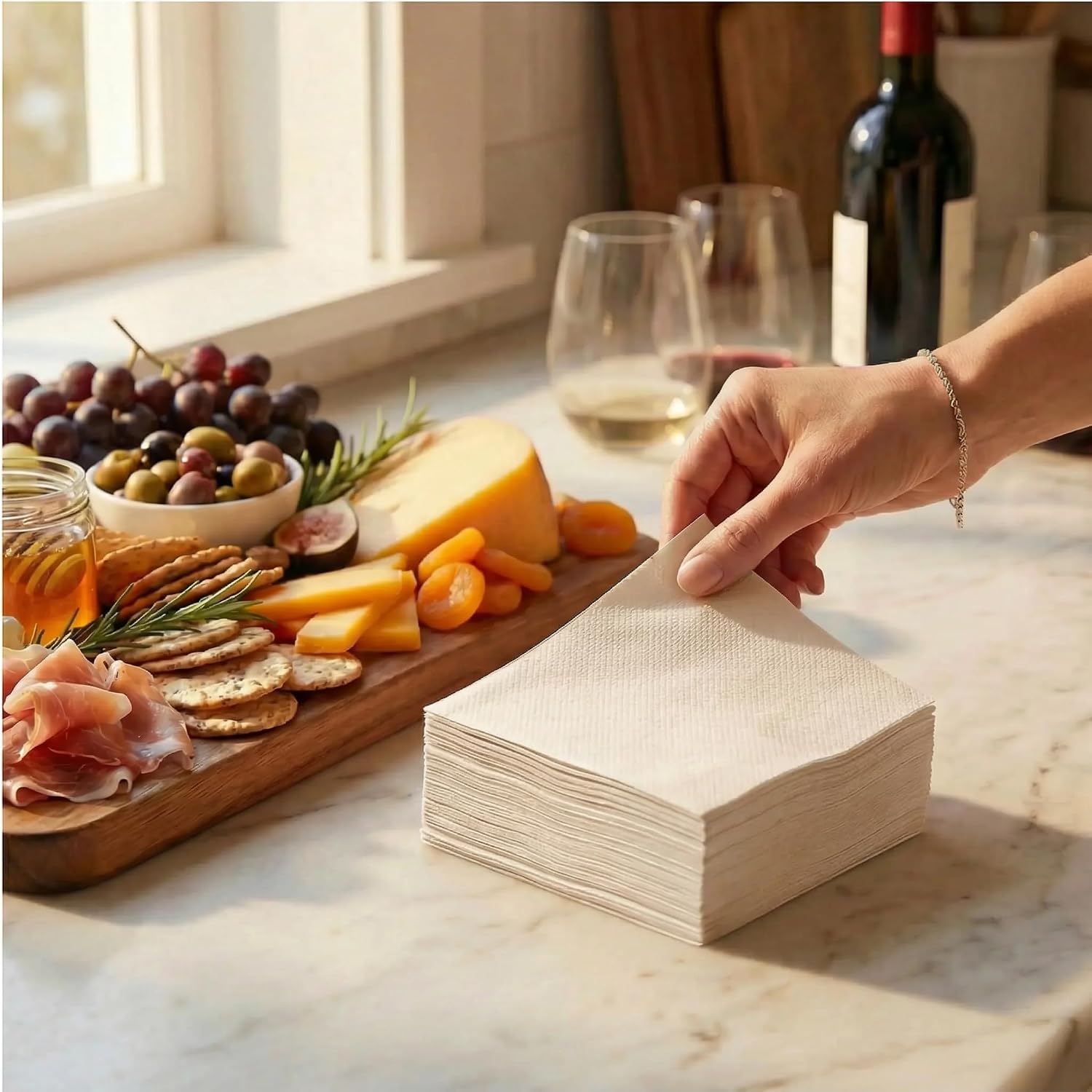 AMERICAN HOMESTEAD Sand Cocktail Napkins - Premium 4.75"x4.75" Disposable Linen-Like Beverage Napkins - Bulk Square Party Bar Serviettes for Weddings, Parties, Events, and Everyday Use - 100 Count image 2