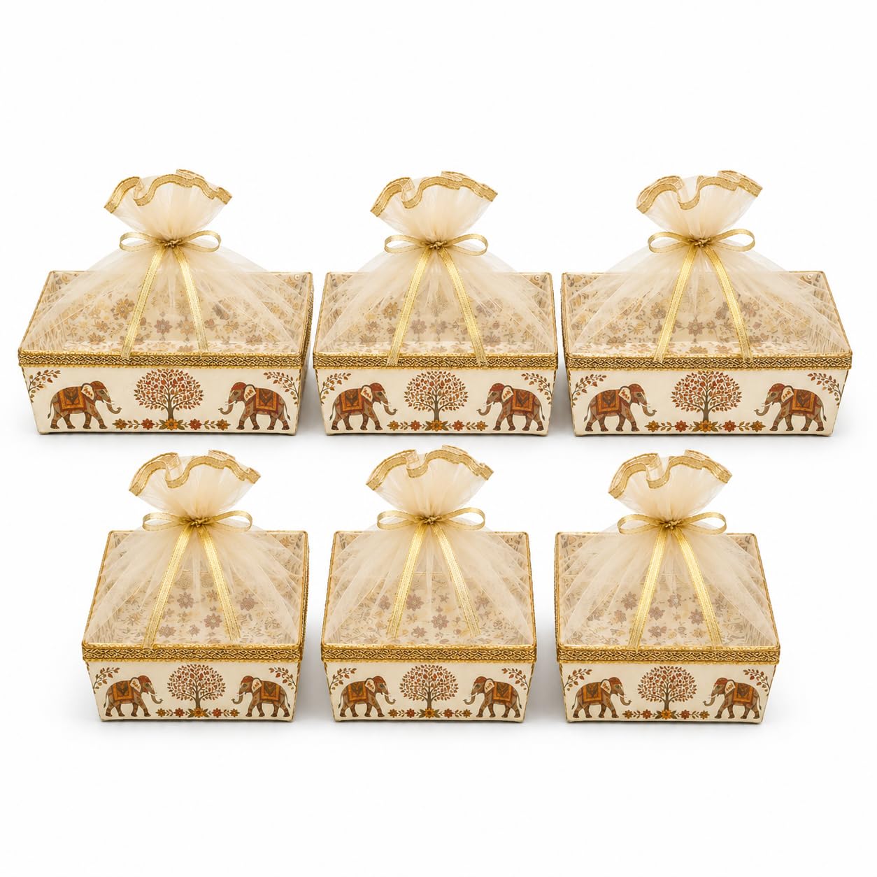 Decorative Gift Hamper Basket Set of 6 with Net Cover – Golden Designer Empty Gift Baskets for Wedding Return Gifts, Dry Fruits & Festive Gift Packing (Square & Rectangle)