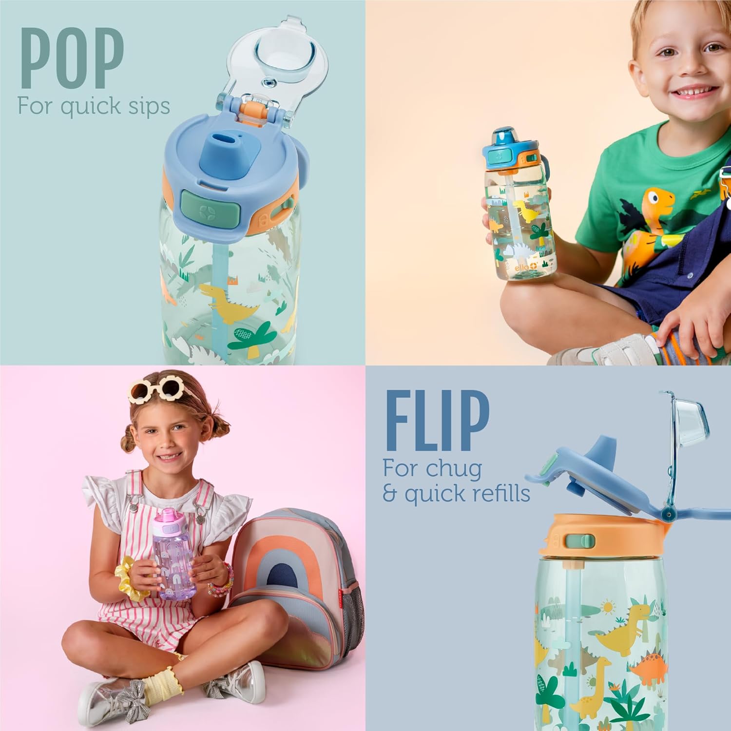 Ello Pop & Fill 16oz Tritan Plastic Kids Water Bottle with Quick Fill Lid | BPA Free Reusable Bottle with Leak Proof Straw and Chug Lid, Dishwasher Safe, Gift For Kids, Rainbows - Image 5