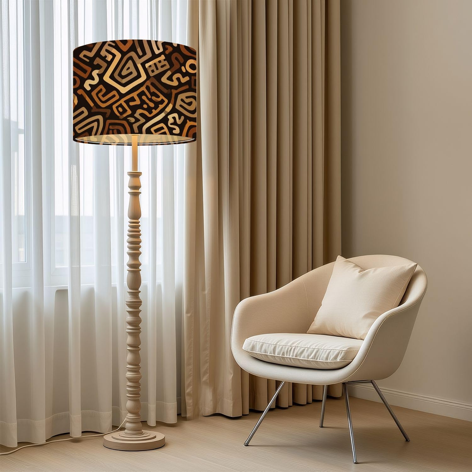 Large Drum Lamp Shades for Floor Lamps African Print Fabric Seamless Tribal Traditional Ethnic Hand Drawn Easy Assembly Required Fabric Lamp Shades for Living Room Kitchen Room Decor 16x16x12in