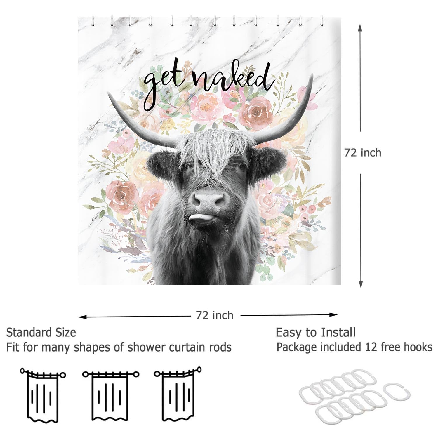 Highland Cow Shower Curtain – Rustic Farmhouse Decor, 70x70 Inches, With Hooks, Vintage Barn Door Style