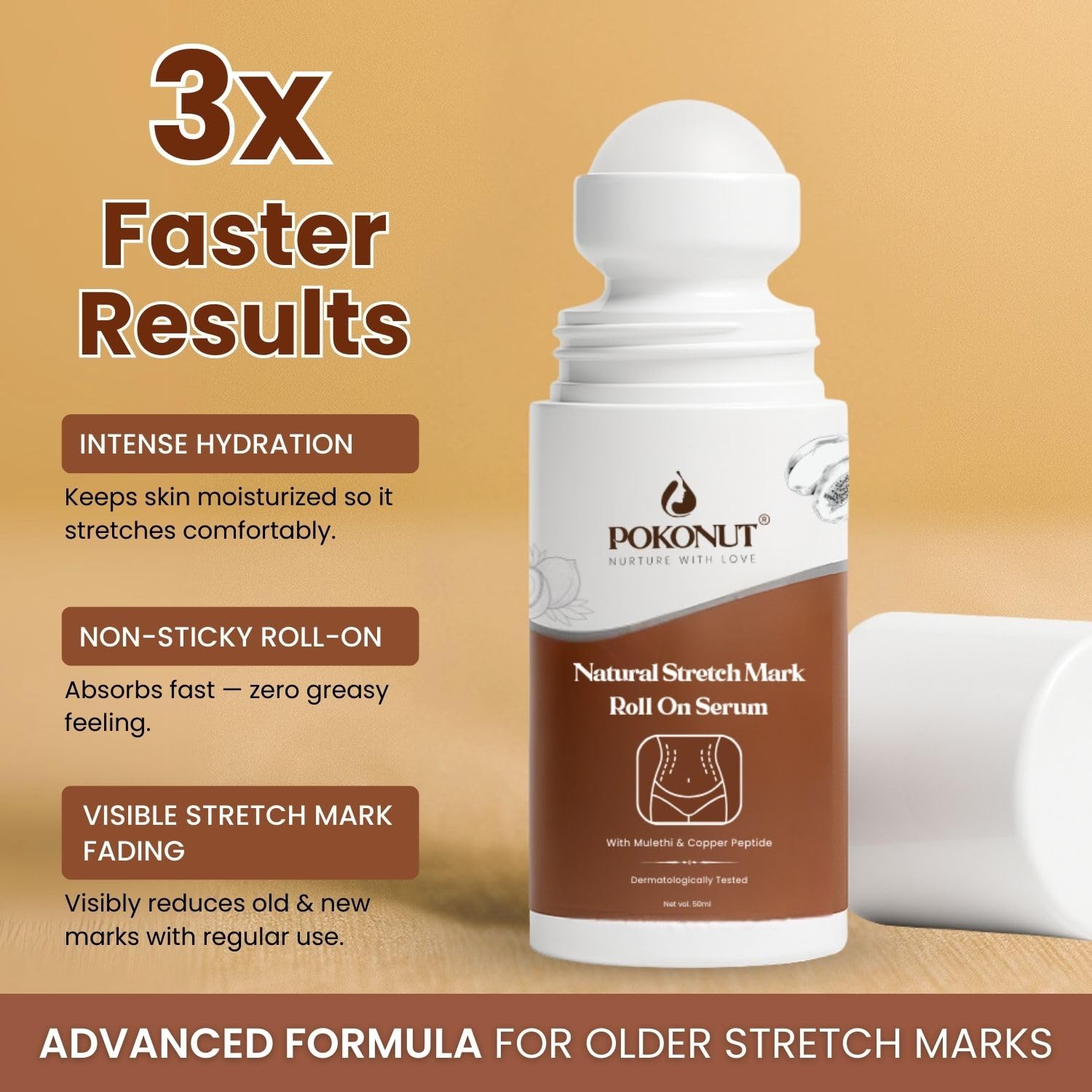POKONUT Stretch Marks Roll-On Serum for Pregnancy & After Delivery | Mulethi, Hyaluronic Acid & Rosehip Oil | Fades New & Old Stretch Marks & Scars | Dermatologically Tested | For Women & Men | 50ml