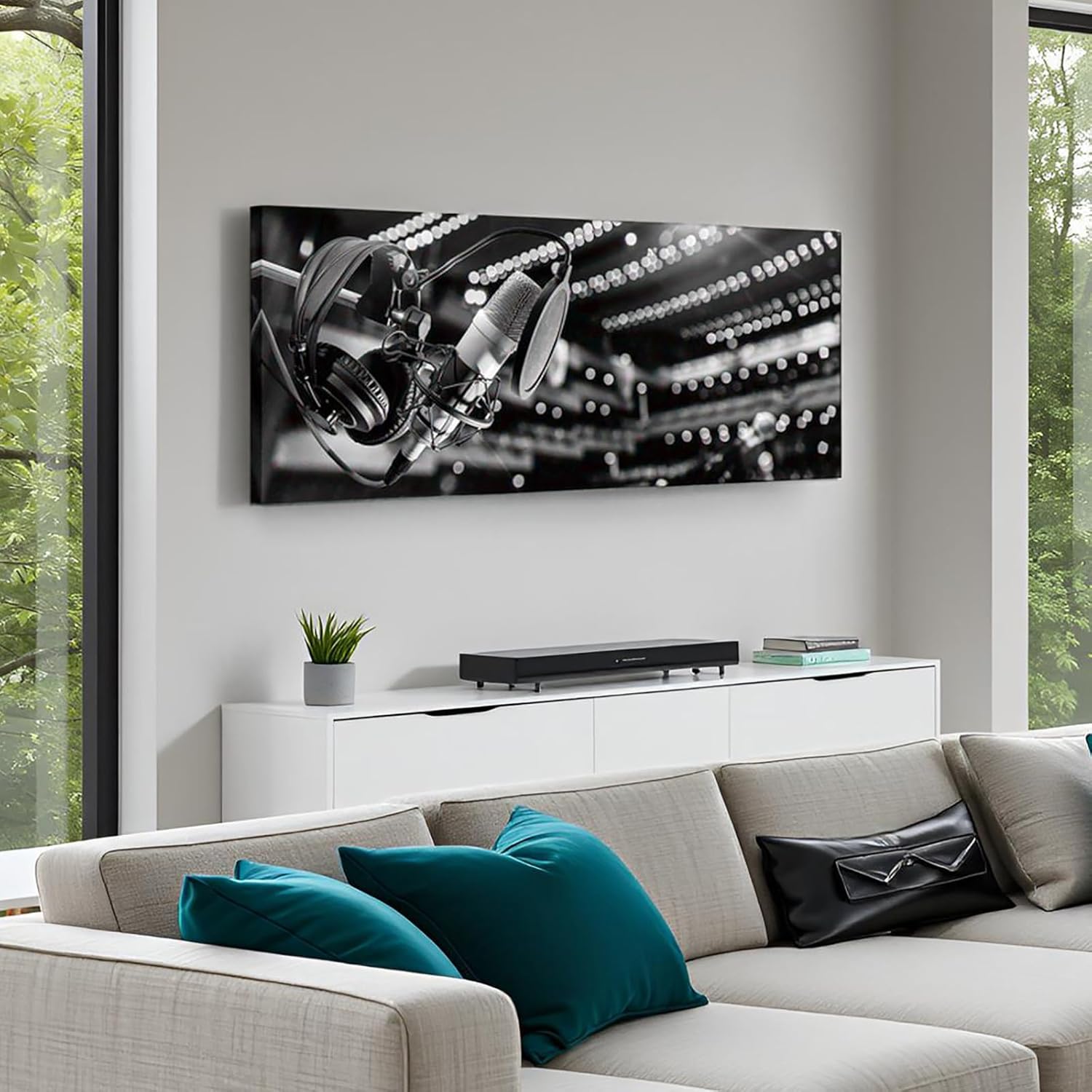 OuElegent Music Canvas Wall Art Black and White Microphone Concert Hall Picture Print Artwork for Home Music Room Wall Decor Framed