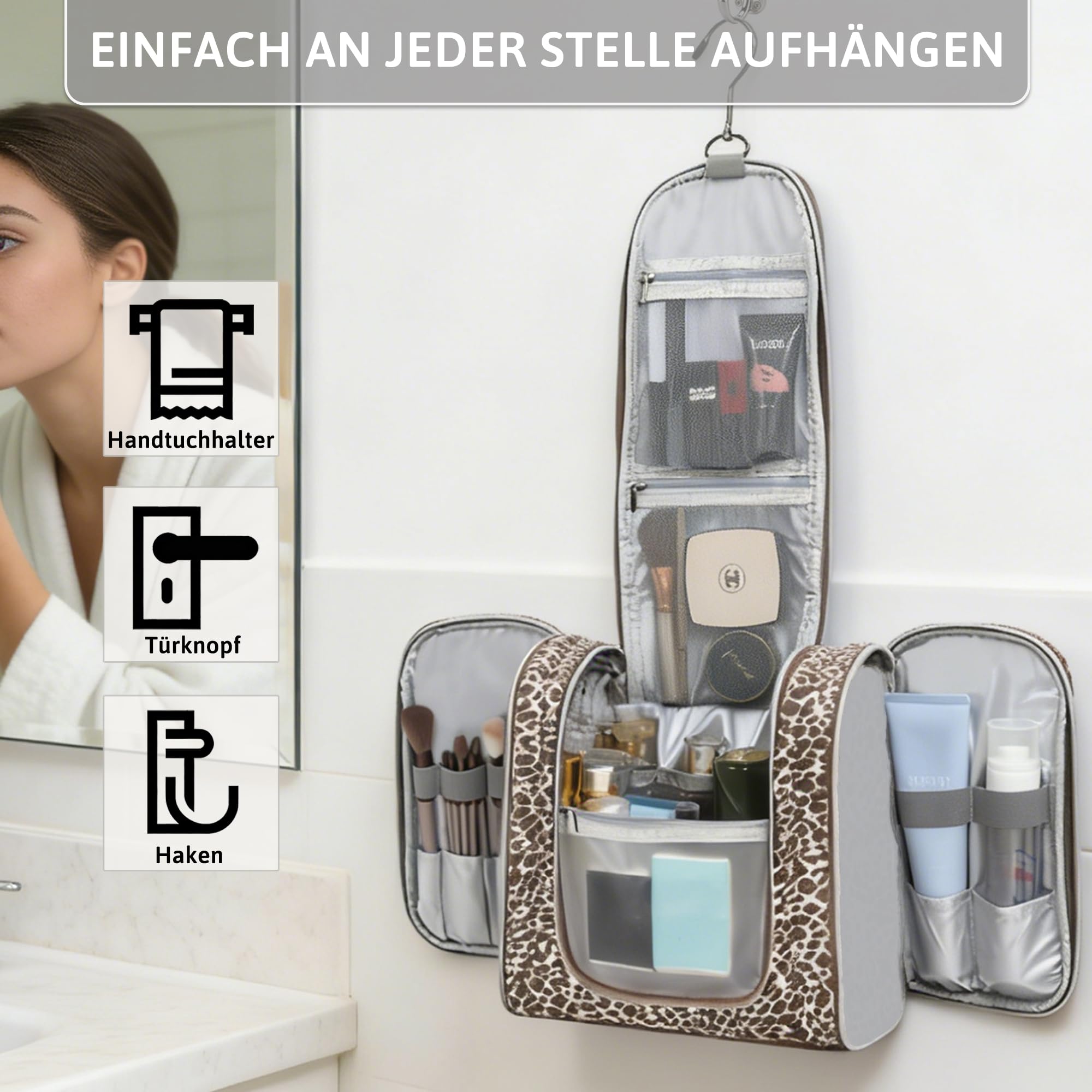 Pearl Angeli Beauty case da donna, grande, da appendere, A6-kaki leopardato, Beauty case | Beauty case da viaggio, grande, organizer per trucchi con gancio e manico, borsa impermeabile