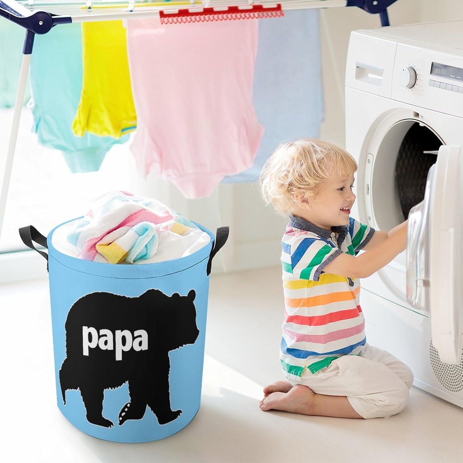Papa Bear Laundry Basket Dirty Clothes Hamper Storage Laundry Bag with Handles for Dorm Room 44x44cm