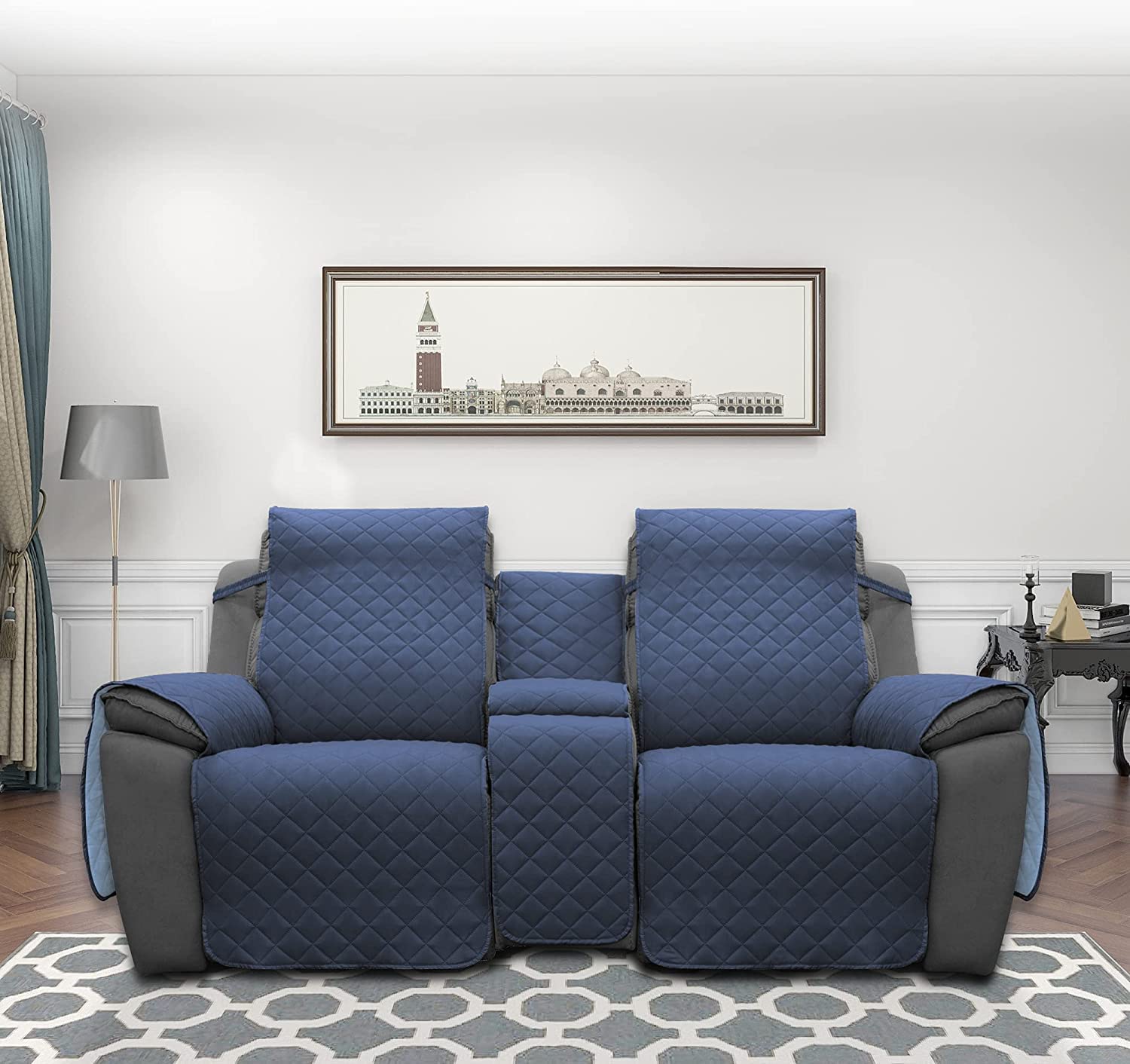 Pikowany pokrowiec na leżankę typu loveseat z konsolą, elastyczny, podzielony ochraniacz na sofę dla zwierząt domowych, odporny na sierść, pokrowiec na kanapę, wodoodporny ochraniacz na meble