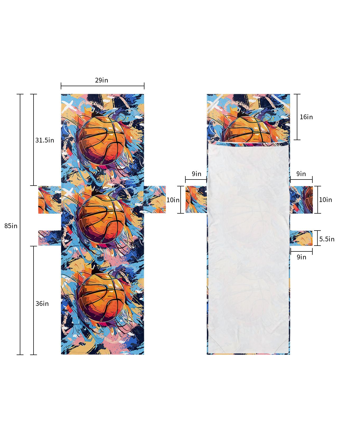 Basketball Beach Lounge Chair Towel Cover, Soft Chaise Lounge Towel with Side Pockets Patio Pool Chairs Cover for Beach/Pool Sunbathing 29x85 Yellow Blue Pink Watercolor Abstract Art Sports