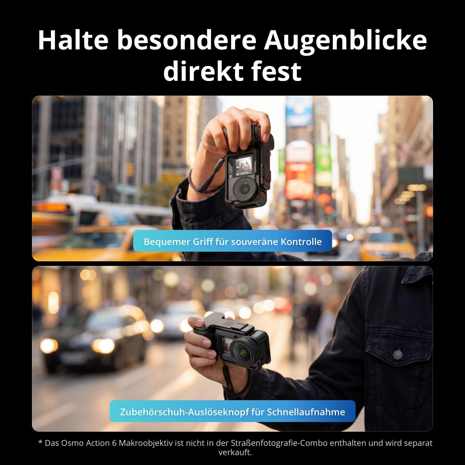 DJI Osmo Action 6 Straßenfotografie-Combo, Unterwasser-Action-Cam mit Handgriff und Zubehörschuh-Auslöseknopf, Action-Cam 4K mit 1/1,1″-Quadratsensor, Variable Blende von f/2,0-f/4,0, 4 Std. Akku