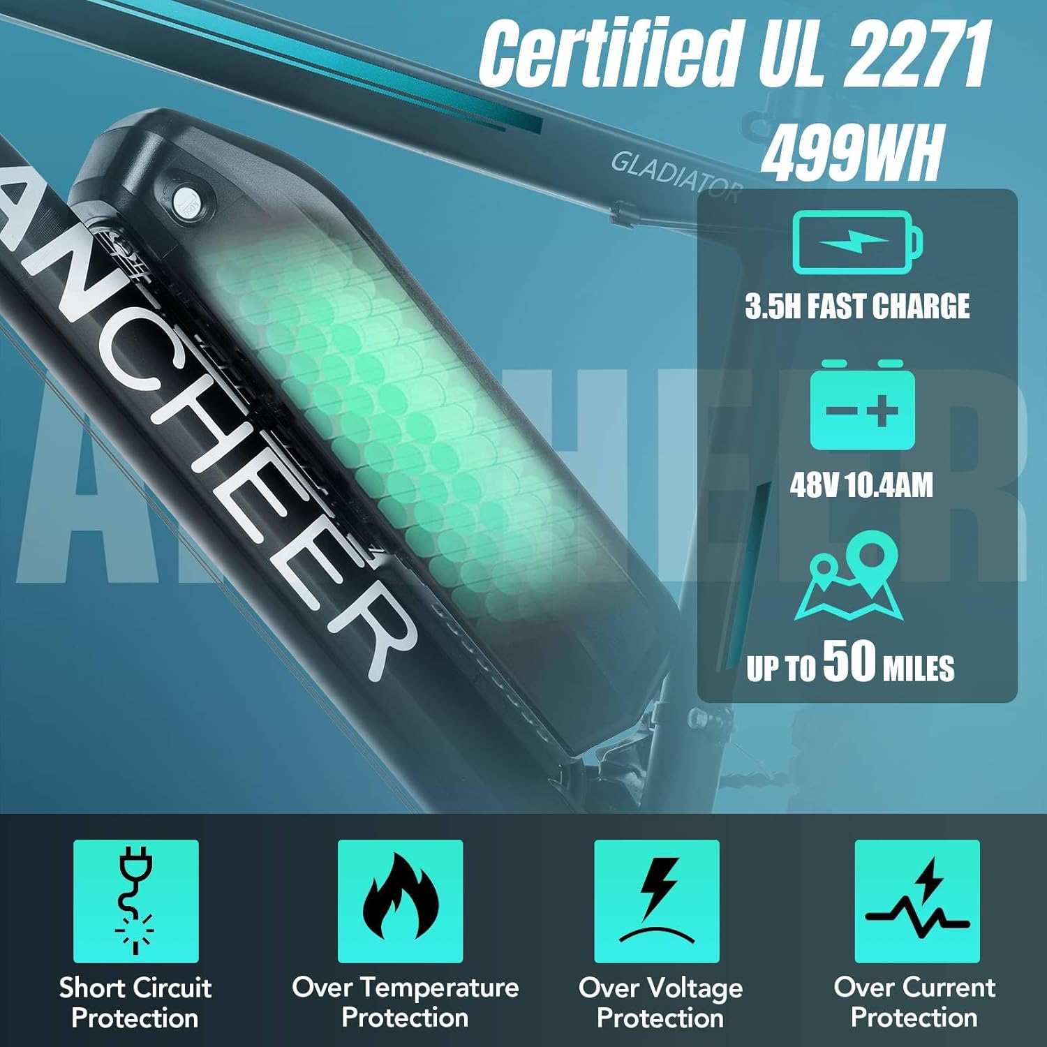 Image of the ANCHEER electric bike's 48V 10.4Ah battery with protection features.