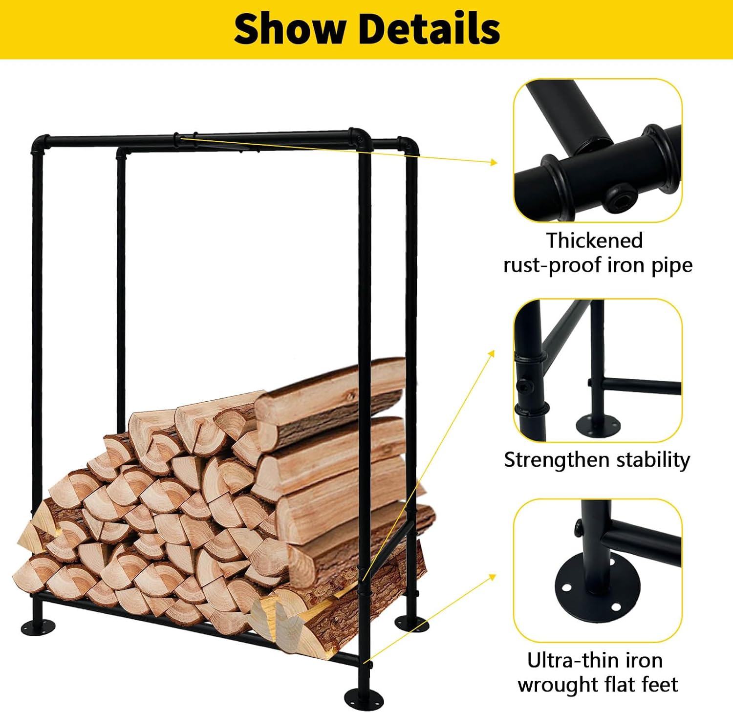 BUKLIYN BUKLYN Firewood Rack Outdoor - 26 * 12 * 36inch, Firewood rack Indoor Coating Fireproof and Rustproof, Thickened Round Iron Pipe Material, Black Simple Style, Suitable for Indoor Fireplace