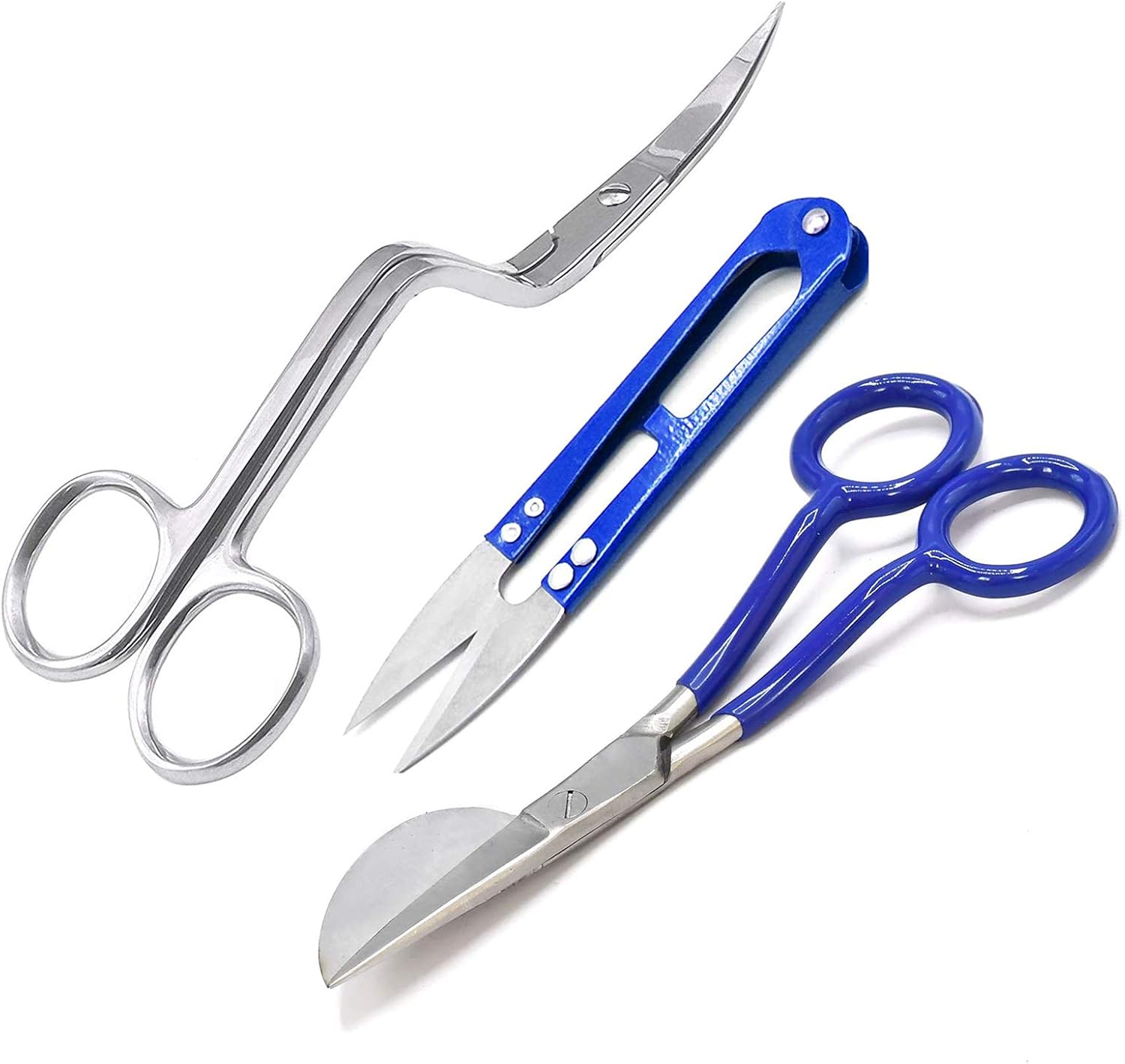 Set of 2 6" Double Bent Curved Machine Embroidery and Applique Duckbill Scissors PVC Black Handle with Thread Cutter Nipper Blue