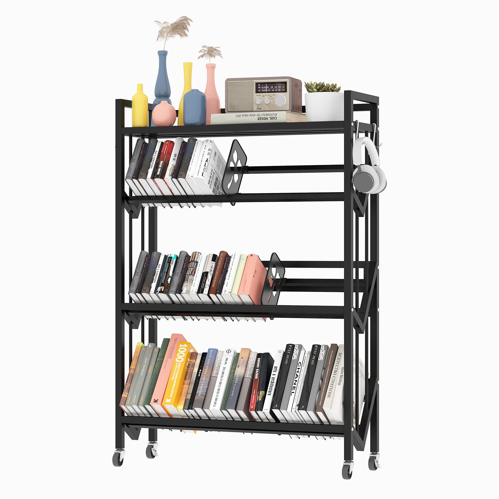 Book Carts 4 Tier 46.5x35.5x10 in Rolling Book Cart Large Capacity Bookshelf Storage Rack Mobile Book Storage with Wheels Cart for Home Office Living Room Classroom (Black)