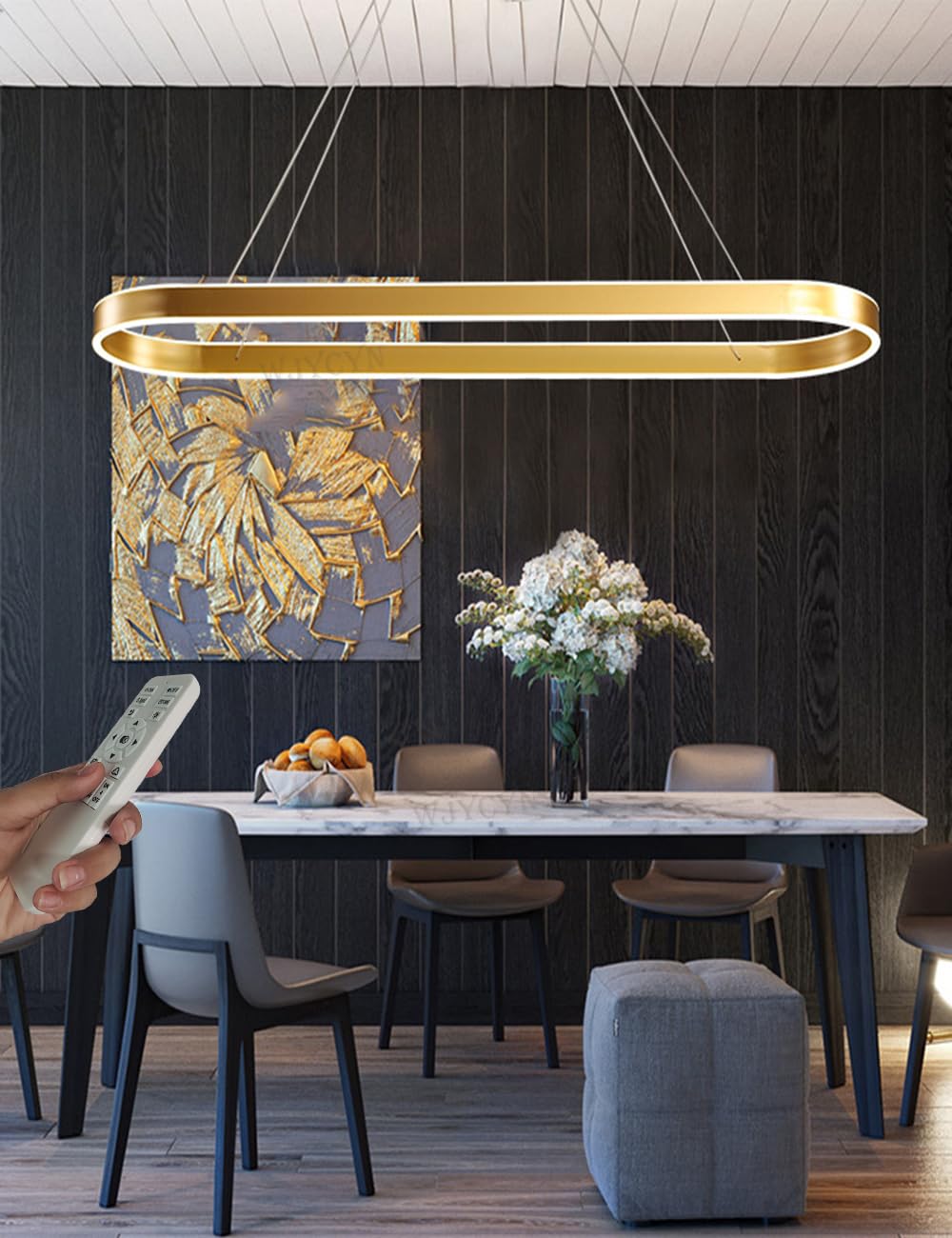WJYCYN Dimmable Gold Oval LED Chandelier Pendant Light Modern Dining Table Office Lamps with Remote Control Ring Hanging Lamp Height Adjustable Glare Free Room Study Living Room Kitchen L80cm/68W — image 1