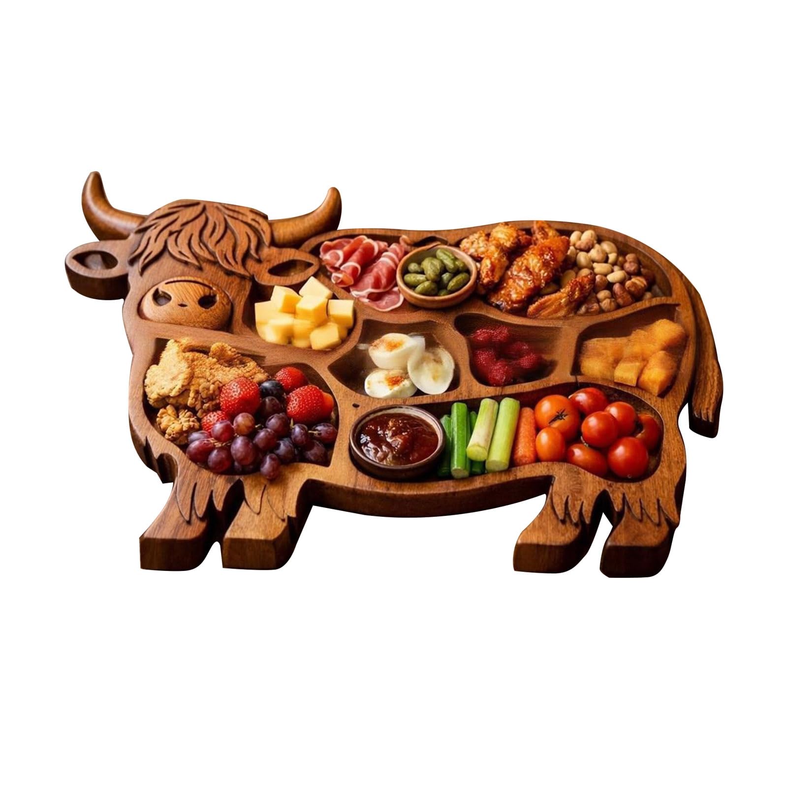 matumou Highland Cow Wooden Charcuterie Board Cute Cow Shaped Serving Tray Rustic Farmhouse Food Platter with Compartments for Cheese