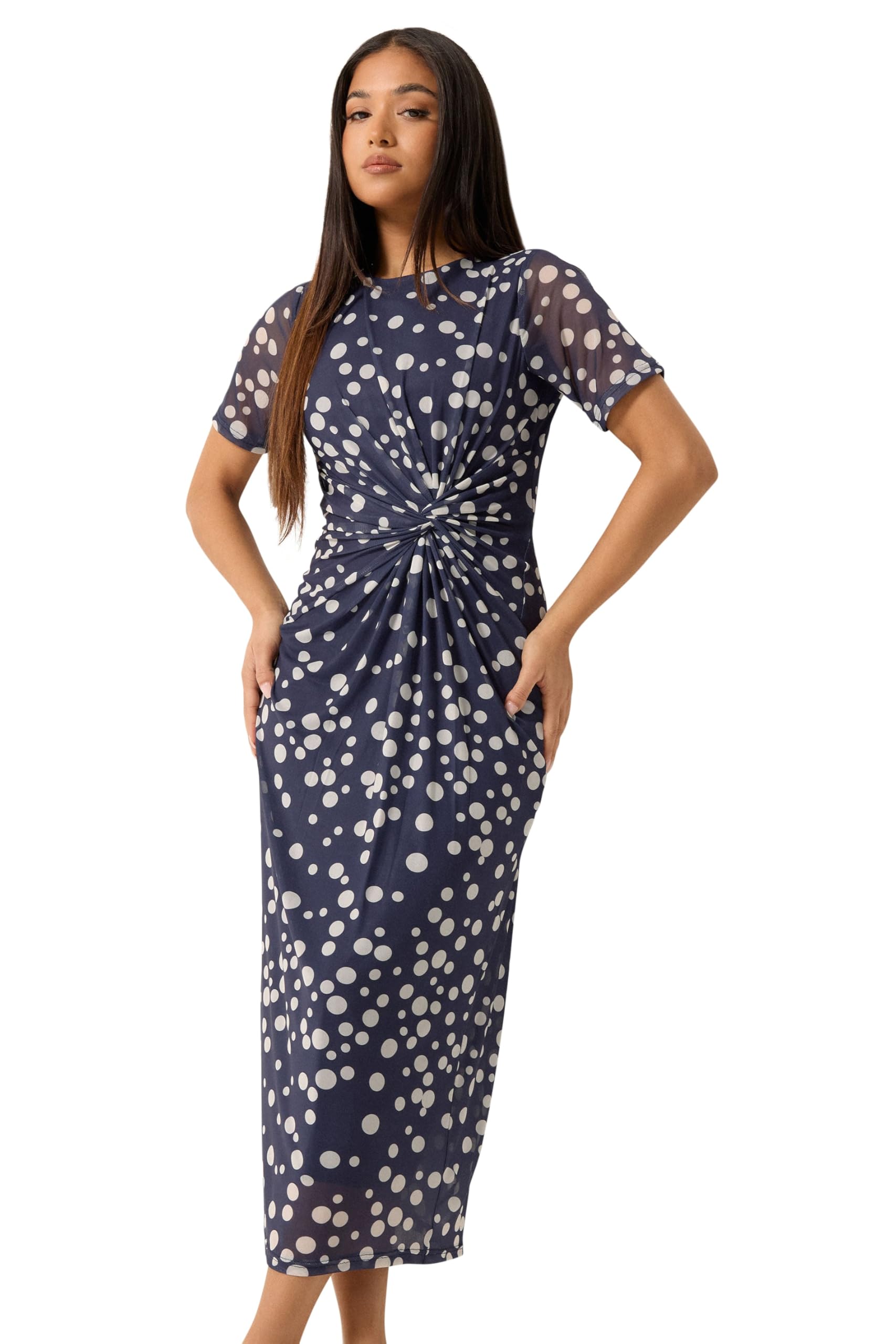 M&Co Women's Petite Polka Dot Mesh Maxi Dress in Dark Blue | Size: 8