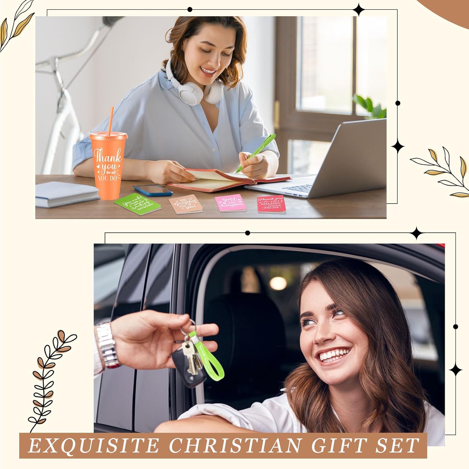 48 Pcs Inspirational Appreciation Gifts Thank You for Employee Coworker, 24 oz Plastic Cup with Lid Straw Notebooks Ballpoint Pens Keychain for Thanksgiving Christmas Gifts (Pastel Color) - Image 6