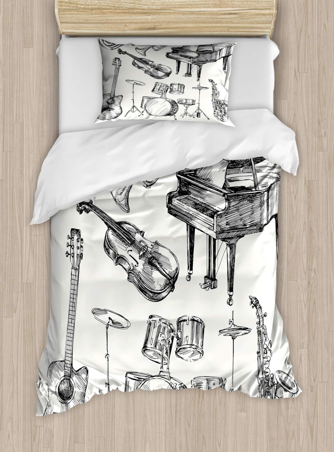 Ambesonne Jazz Music Duvet Cover Set, Illustration of Musical Instruments Sketch Style Art Trumpet Piano Guitar, Decorative 2 Piece Bedding Set with 1