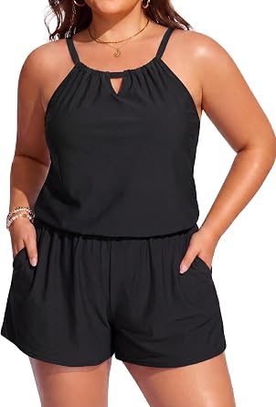 Smismivo Plus Size Swim Romper Women Modest One Piece Swimsuit Full Coverage Boyleg with Pockets 2026 Bathing Suit Swimwear