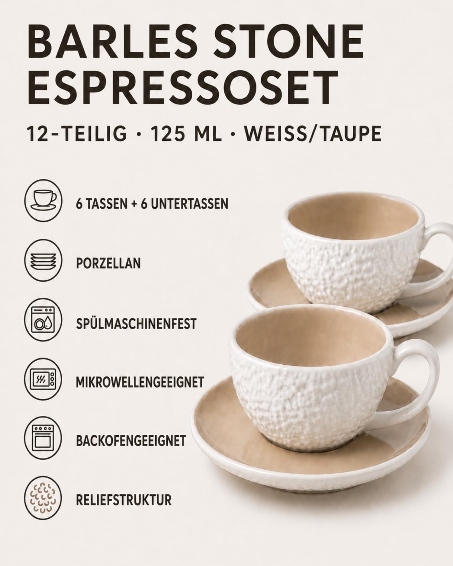 BRICARD Barles Stone Juego de Tazas Espresso 12 Piezas para 6 Personas – 6 Tazas 125 ml con 6 Platos – Porcelana Blanco y Taupe con Relieve – para Espresso, Ristretto y Cortado