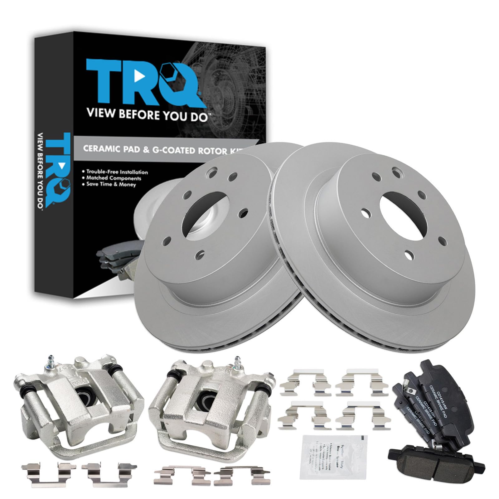 TRQ Rear Brake Pad and Rotor Set Ceramic Coated Rotors Calipers Compatible with 2013-2017 Nissan Leaf 2014-2017 Rogue