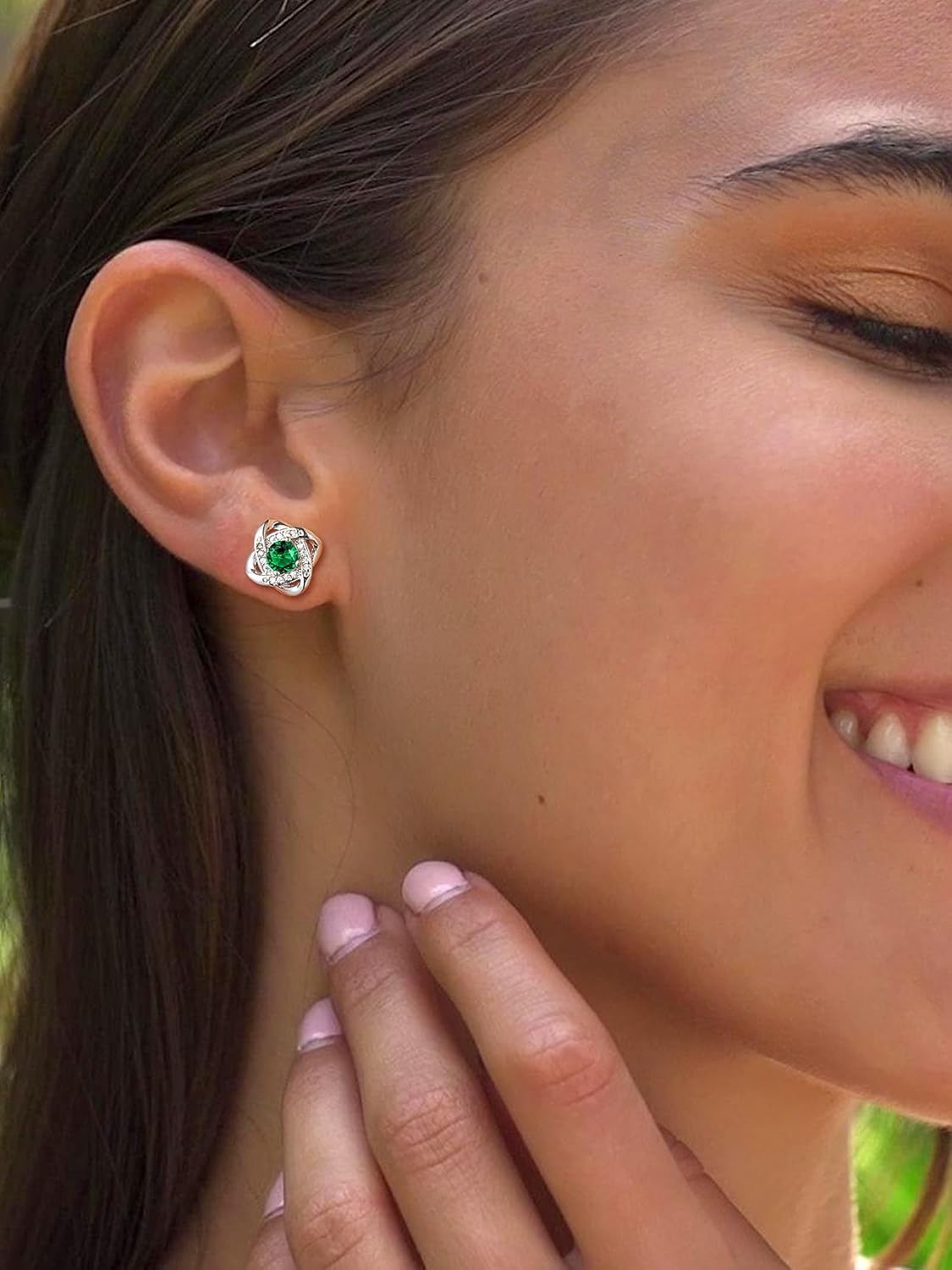 Suplight Love Knot Birthstone Earrings for Women, S925 Sterling Silver Earrings Flat Back Diamond Stud Earrings Christmas Gifts for Women Emerald Sapphire Earrings Birthday Gifts for Women Wife Mom - Image 3