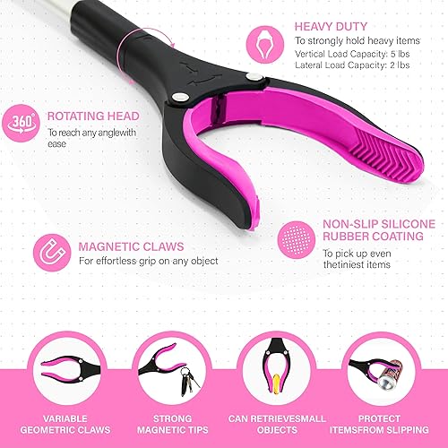Miniatura 2 de Paquete de 2 herramientas agarradoras de 32 pulgadas GrabRunner con cabezal magnético fuerte y giratorio (Rosa nuevo)