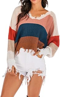 PAIDAXING Girls Sweater Women's Autumn and Winter Long-Sleeved V-Neck Striped Contrast Color Inner Knit Sweater Pullover Girls Sweatshirt