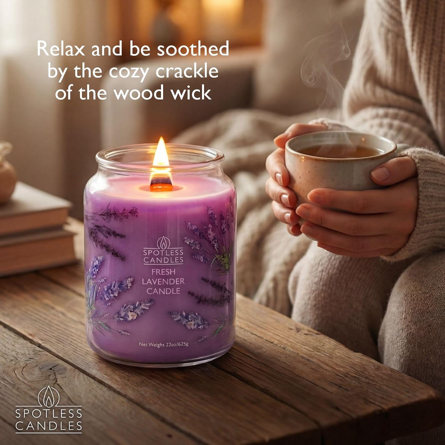 Lavender Candle 22oz Gift Boxed: 130 Hour Burn, Minimum 10% Fragrance Oil, Crackling Wooden Wick, Bergamot Lavender & Cedar, Hybrid Soy Wax, Large Jar Candle for Sleep by Spotless Candles