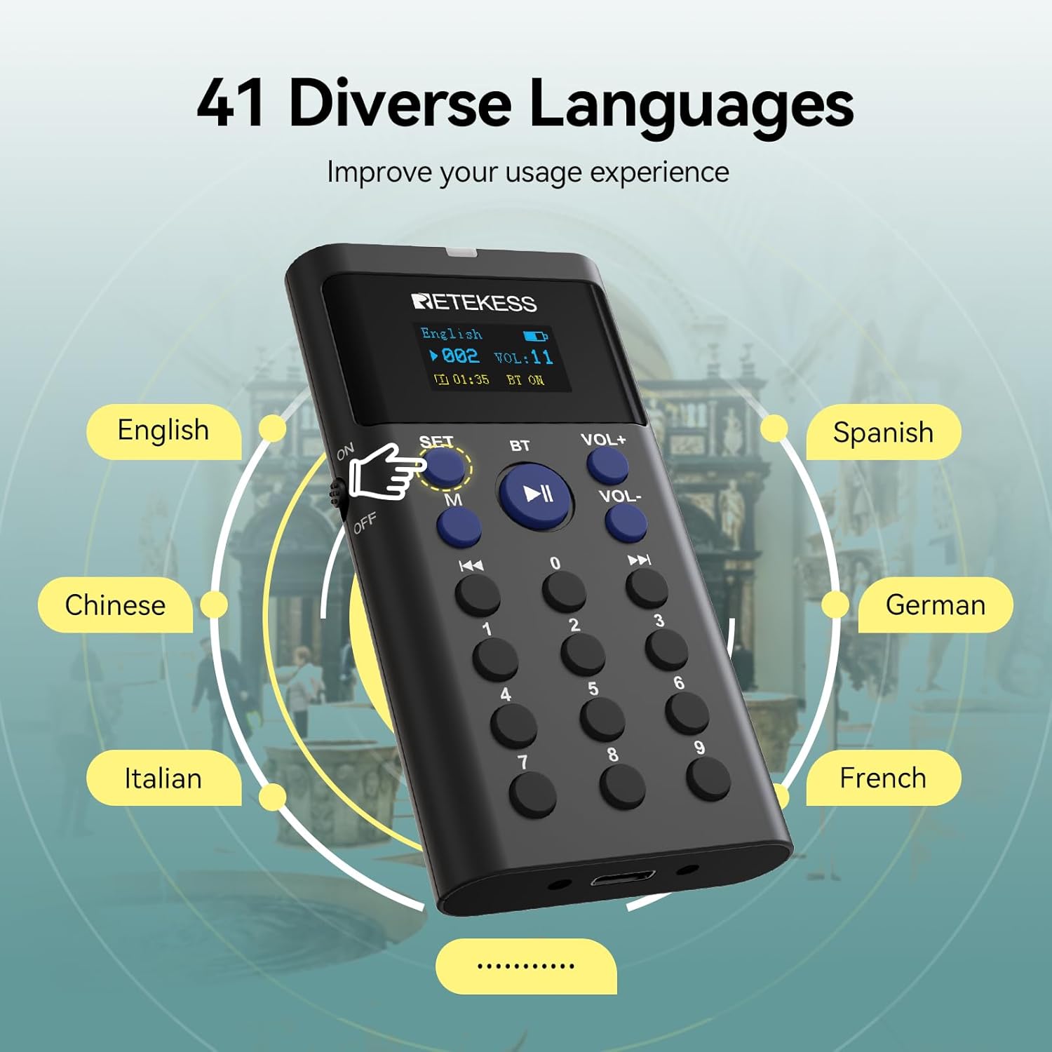 Retekess TT128B device with a finger pressing the '3' button on the numerical keypad, and a display showing 'English 003 VOL:11'.