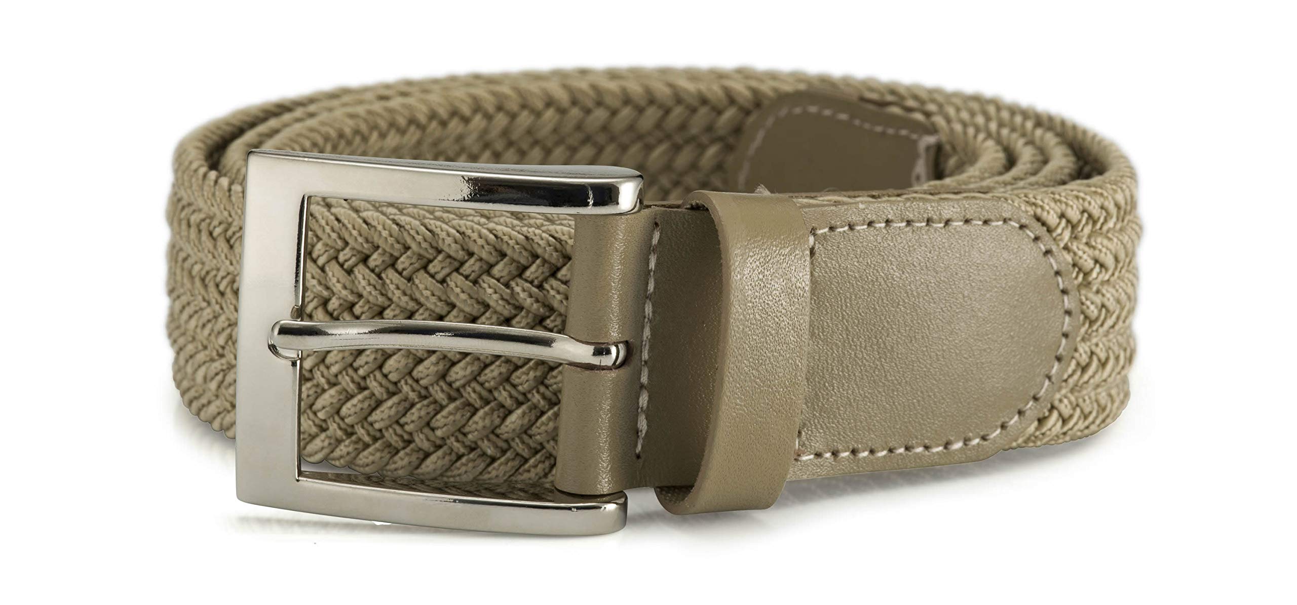Streeze 35mm Wide Stretch Belt - Braided Elastic Woven Belt with Silver Buckle Ideal for Jeans (Medium 32" - 35", Beige)